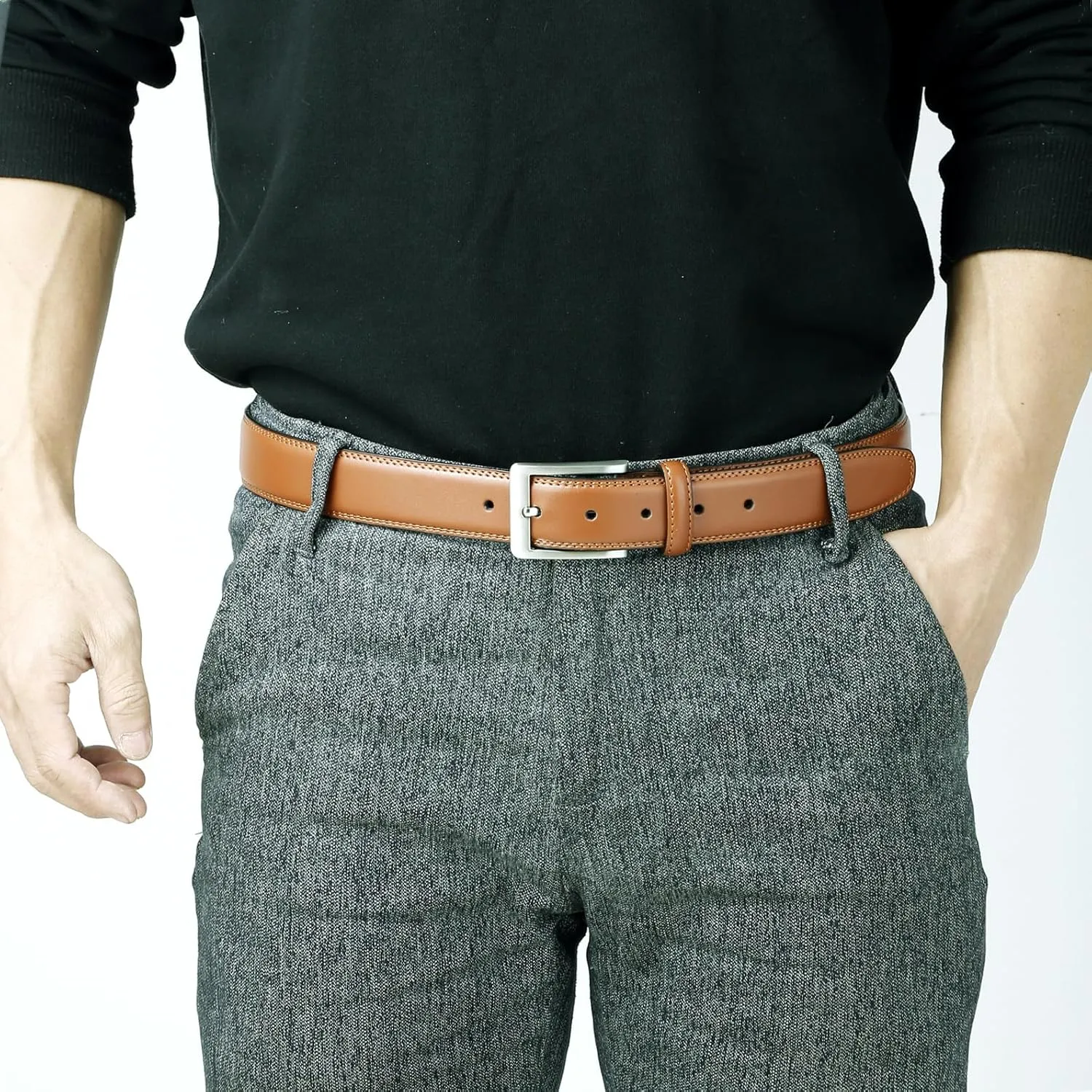 Men's Casual Leather Jeans Belts Classic Work Business Dress Belt with Prong Buckle for Men