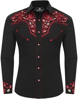 Western Embroidered Cowboy Shirts for Men, Casual Button Down Long Sleeve Shirt Floral Design Retro Shirt