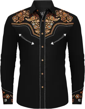 Western Embroidered Cowboy Shirts for Men, Casual Button Down Long Sleeve Shirt Floral Design Retro Shirt